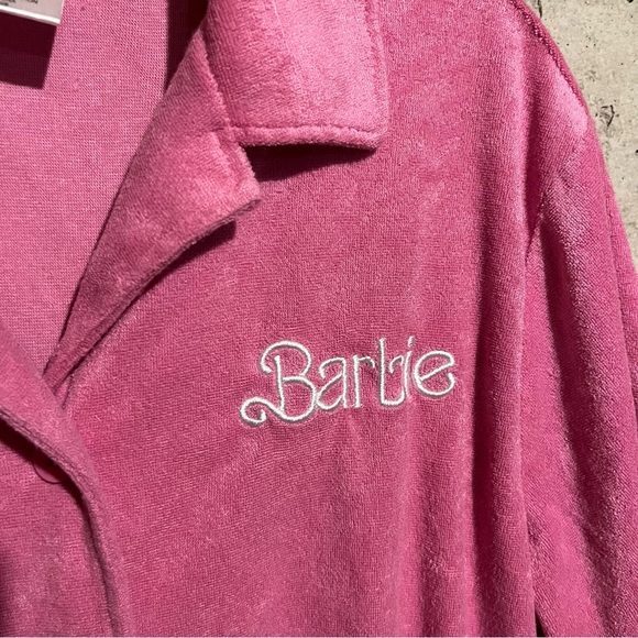Barbie Terry Cloth Button Down Shirt Short Sleeve Lounge Pink Womens Medium - Picture 2 of 6